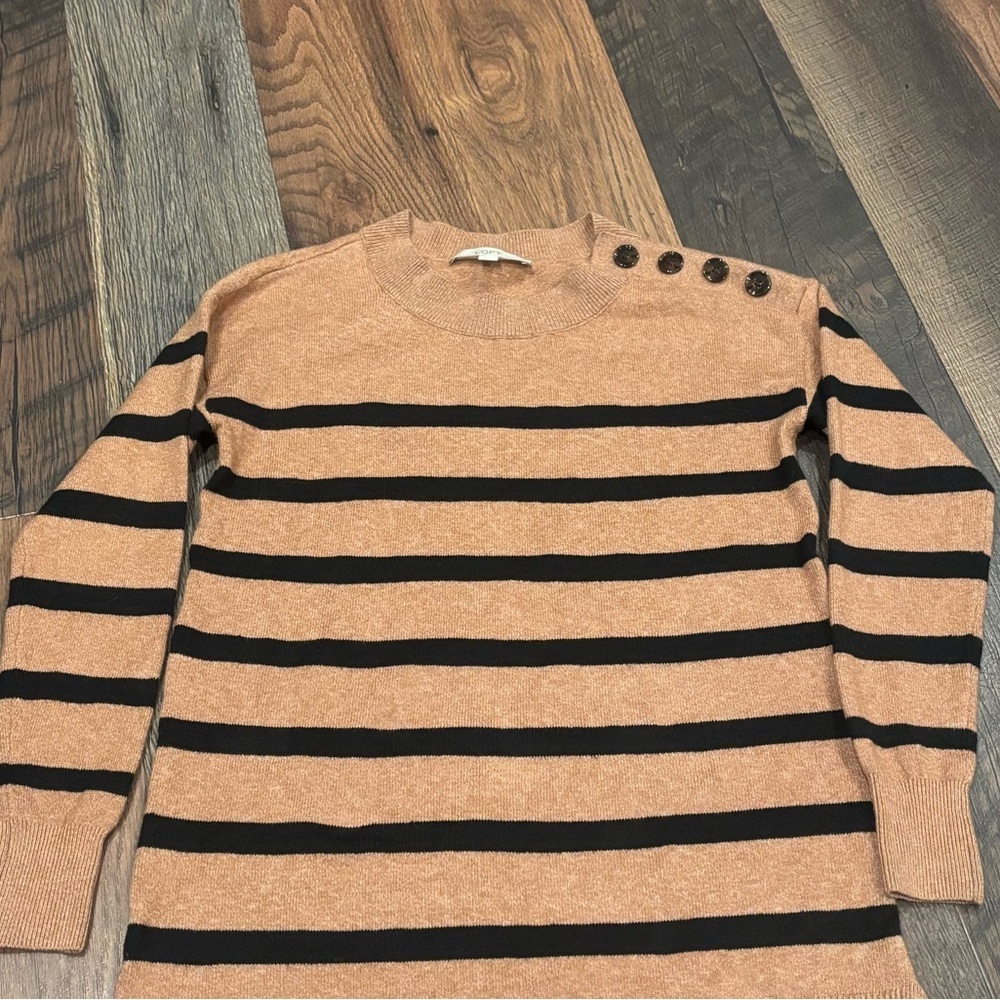 LOFT Camel/Tan and Black Striped Crew Neck Sweater with Button details XS - Picture 12 of 12